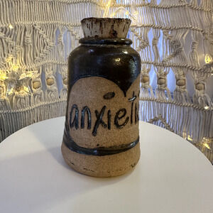 Vintage Pottery Crock with Cork Stopper Lid says "Anxieties" made in USA 1980's